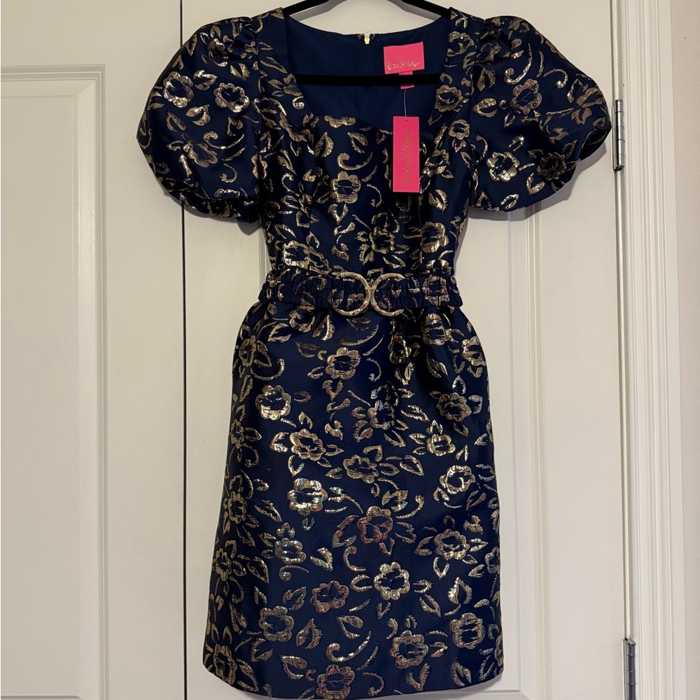 Lilly Pulitzer Kasslyn Dress Navy and Gold Floral Size 0 NWT